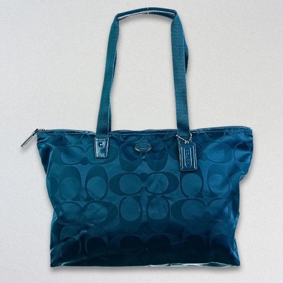 Coach Signature Nylon Weekender Tote Zippered Top Snap-On Turquoise W OS NWOT